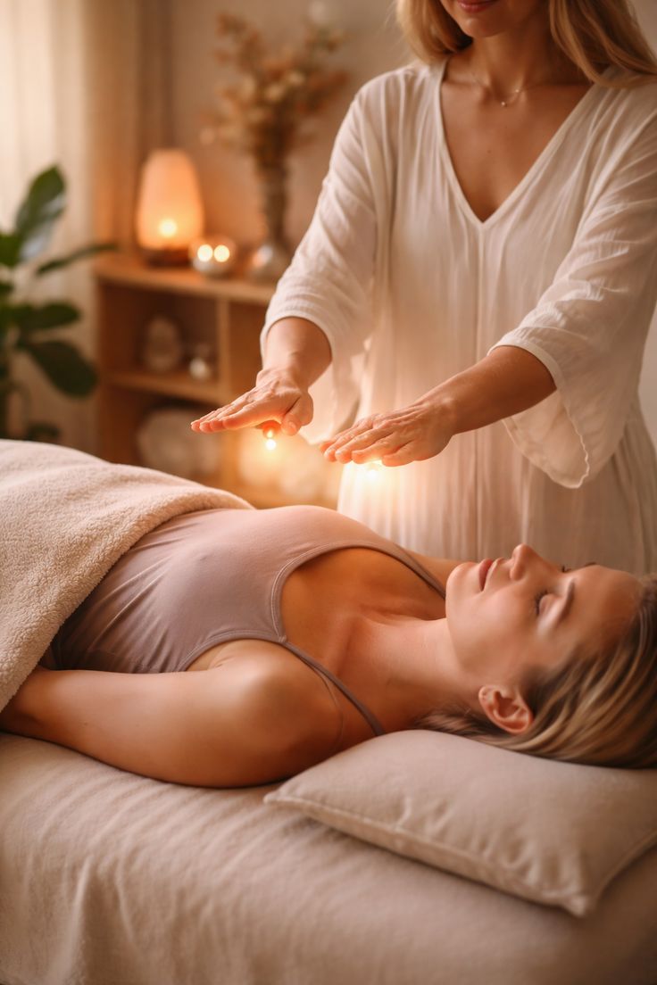 Mujer haciendo reiki en un consultorio
